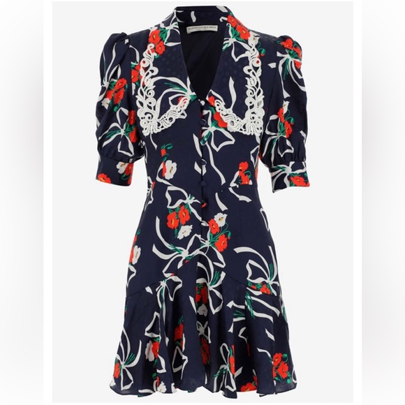 BURRYCO Floral Print Mini Puff Sleeve Lace Collar Flowy Dress Size 4 - Picture 2 of 16